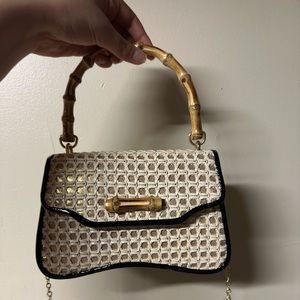 Wicker wooden handle chain cross body mini bag